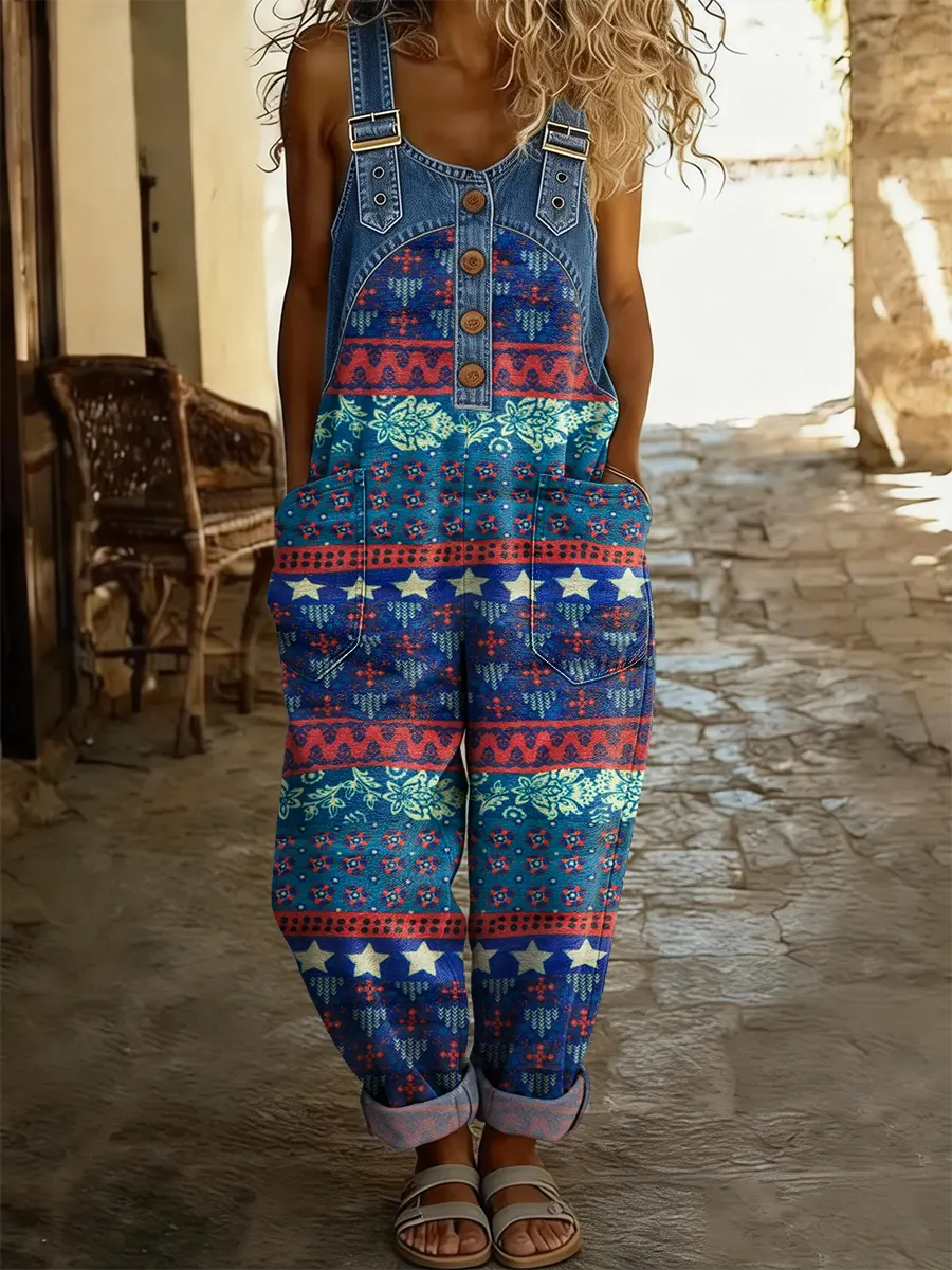 Women's Vintage Floral Art Print Washed Cotton Denim Patchwork Jumpsuit